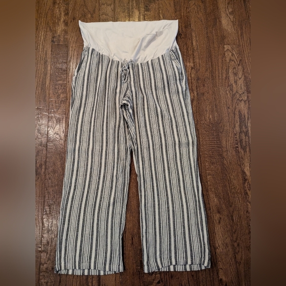 Maternity Rollover-Waist Black & Ivory Linen-Blend Wide Leg Pants Sz XL. - Picture 6 of 11